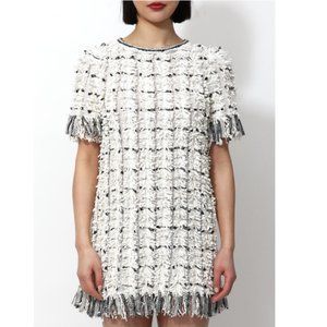 Stunning Woven Silk Fringe Tweed Tie Knit Preppy Parisian Academia Mini Dress 38